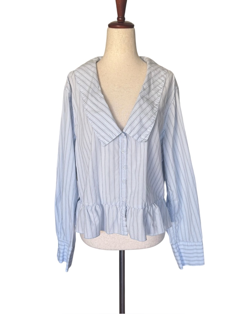 Deiji Studios Sweep Ruffled Cotton Shirt In Mineral Stripe Size Large